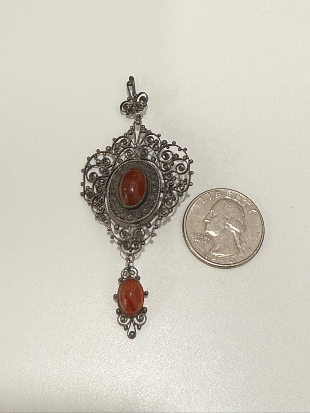 Unbranded Antique-Style Orange Reddish stone Filigree Pin Brooch Pendant (read)
